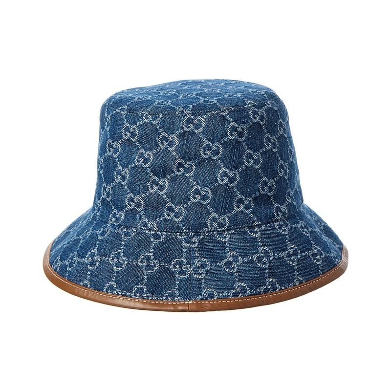 Gucci Gg Denim Leather-Trim Bucket Hat, Blue